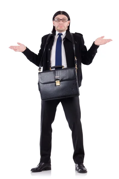 Young businessman holding briefcase isolated on white — Stock Photo, Image