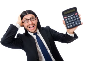 Hesap makinesi olan adam beyazda izole edildi