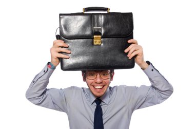 Evrak çantalı genç bir çalışan beyaza izole edilmiş.