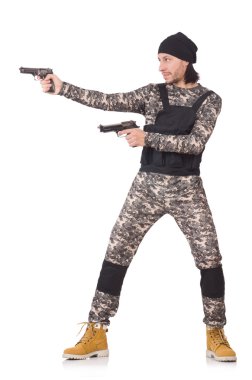 Beyaz izole tabanca ile beyaz asker