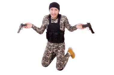 Beyaz izole tabanca ile beyaz asker