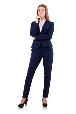 Mavi elbiseli beyaz izole işkadını