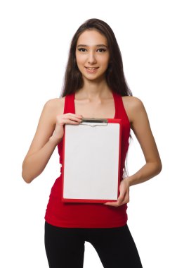 Kağıt bloknotu olan kadın beyazda yalnız.