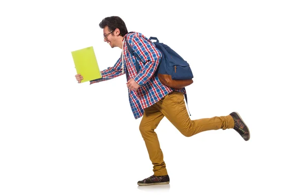 Estudante com livros e mochila isolada em branco — Fotografia de Stock