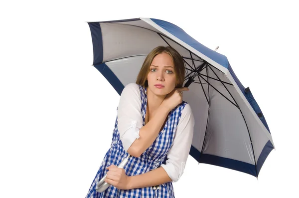 Женщина с зонтиком изолирована на белом — стоковое фото