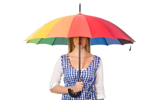 Femme avec parapluie isolé sur blanc — Photo