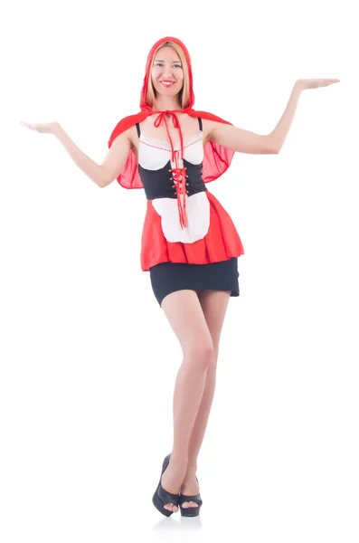 Meisje in het berijden van rode hood kostuum geïsoleerd op wit — Stockfoto
