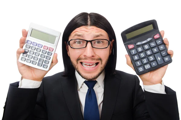 Homme avec calculatrice isolé sur blanc — Photo