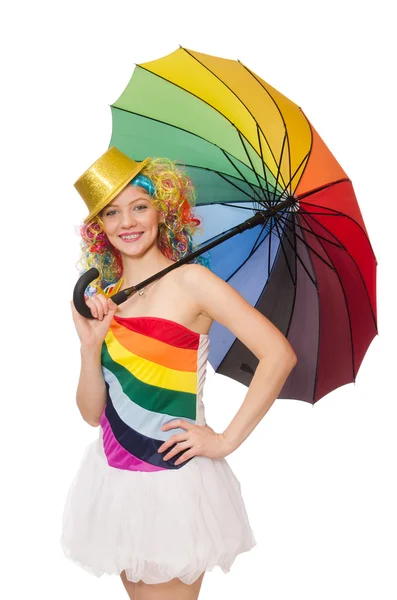 Woman with colorful umbrella on white — Stock Photo, Image