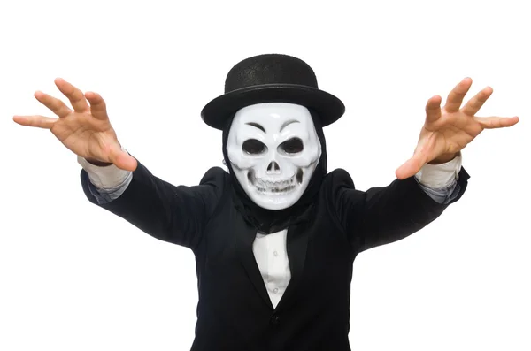 Homem com máscara assustadora isolado no branco — Fotografia de Stock