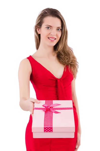 Bonita chica sosteniendo caja de regalo aislada en blanco —  Fotos de Stock