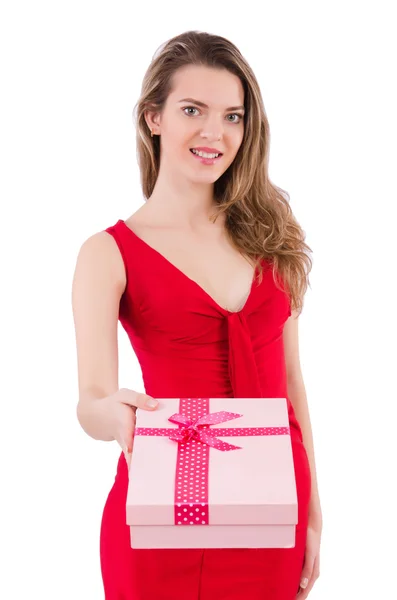 Pretty girl holding gift box isolated on white — Stock Photo, Image