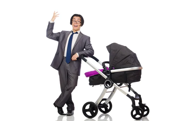 Pai engraçado com bebê e carrinho de bebê em branco — Fotografia de Stock