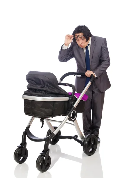 Grappige vader met baby en kinderwagen op wit — Stockfoto