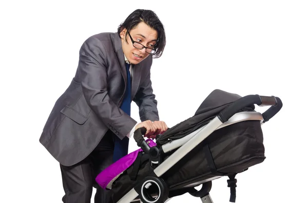 Funny dad with baby and pram on white — Stock Photo, Image