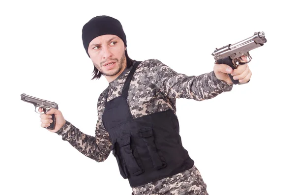 Soldat caucasien avec arme de poing isolé sur blanc — Photo