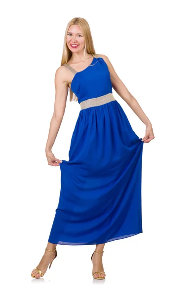 Mooie vrouw in lange blauwe jurk geïsoleerd op wit — Stockfoto