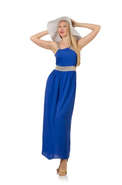 Красива жінка в довгій блакитній сукні ізольована на білому — стокове фото