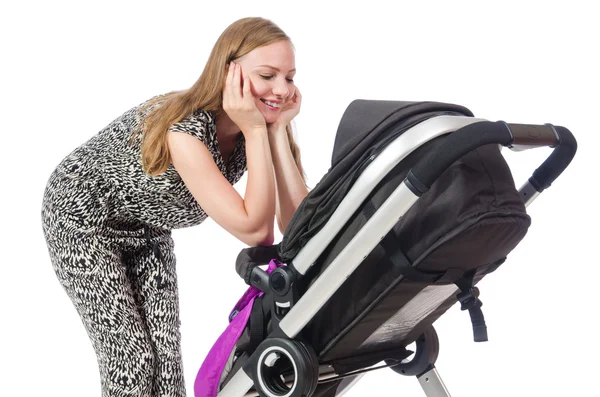 Glückliche Mutter mit ihrem Baby im Kinderwagen — Stockfoto