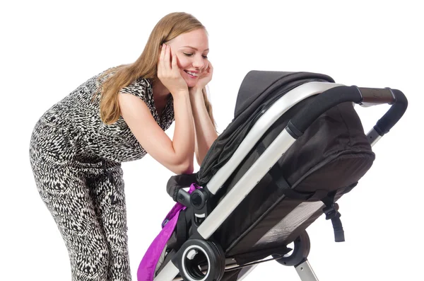 Gelukkig mam met haar baby in kinderwagen — Stockfoto