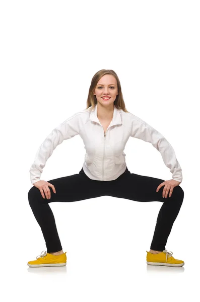 Vrouw doet oefeningen geïsoleerd op wit — Stockfoto