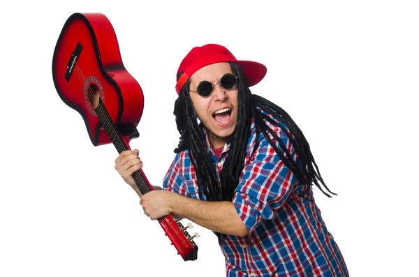 Man med dreadlocks holding gitarr isolerad på vit — Stockfoto