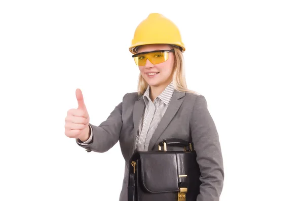 Ingegnere donna in casco e valigetta isolata su bianco — Foto Stock
