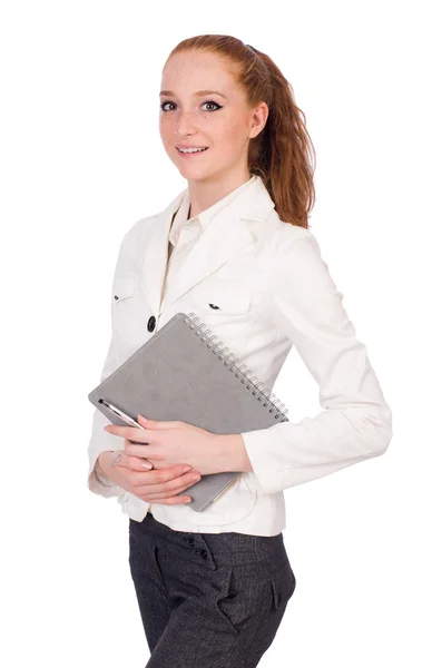 Fille aux cheveux roux tenant du papier isolé sur blanc — Photo