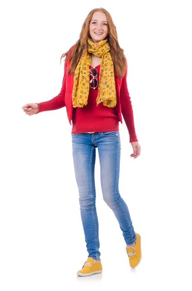 Linda chica sonriente en chaqueta roja y jeans aislados en blanco —  Fotos de Stock