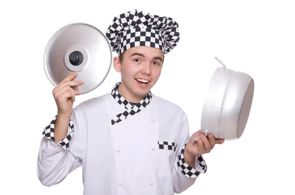 Junger Koch hält Pfanne isoliert auf weiß — Stockfoto
