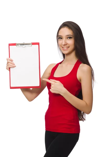 Woman with paper pad isolated on white — Stock Photo, Image