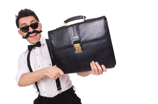 Young man with briefcase isolated on white — Stock Photo, Image