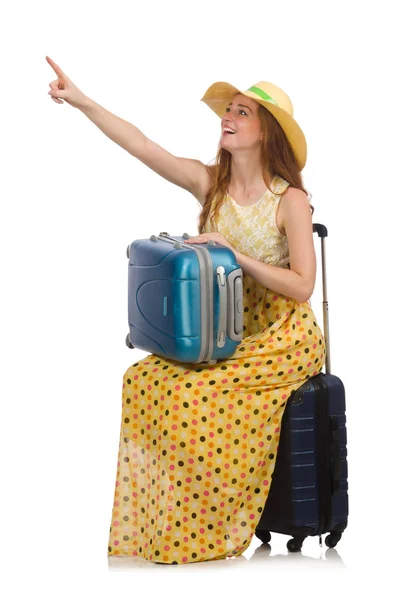 Mulher pronta para viajar de verão isolado em branco — Fotografia de Stock