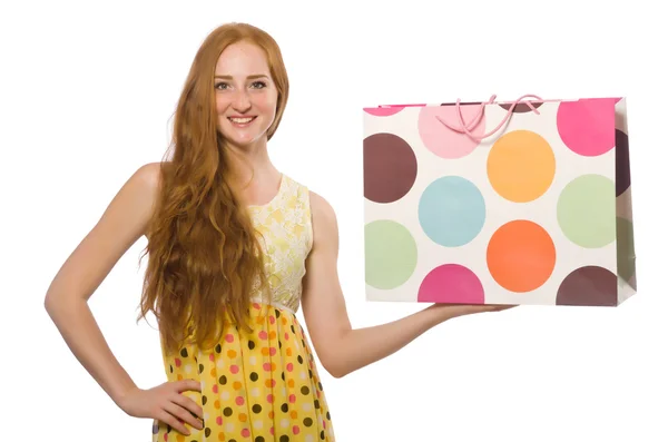 Mulher com sacos de compras isolados em branco — Fotografia de Stock