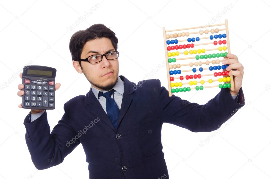 Angry accountant with abacus isolated on white