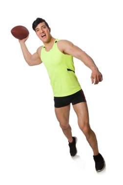 Amerikan futbolu üzerine beyaz izole çalmaya adam