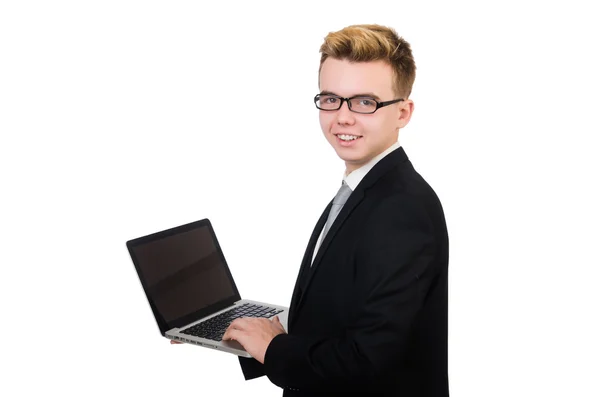 Jovem empresário com laptop isolado em branco — Fotografia de Stock