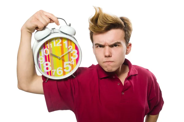 Student holding alarm clock isolated on white — Stock Photo, Image