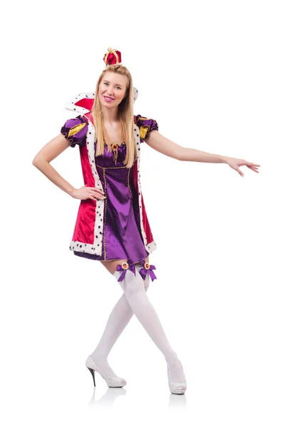 Милая девушка в фиолетовом маскарадном платье и корона изолированы на белом — стоковое фото