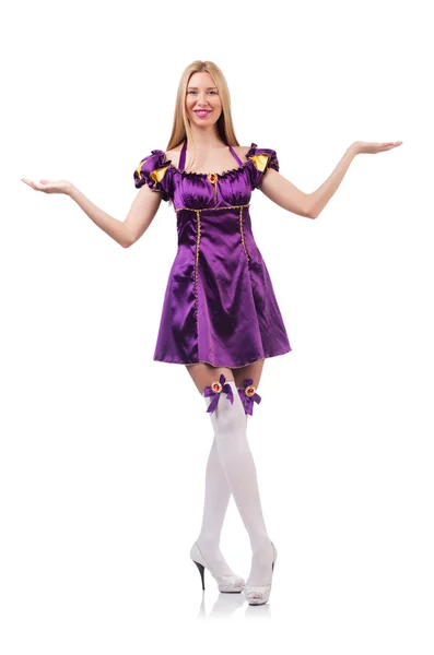 Linda chica en vestido de mascarada púrpura aislado en blanco — Foto de Stock