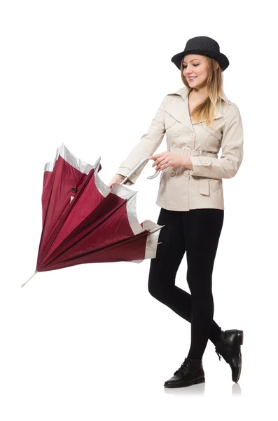 Vrouw met paraplu geïsoleerd op wit — Stockfoto