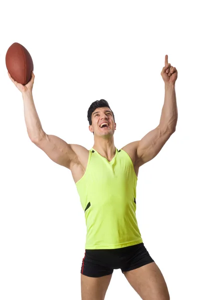 Hombre jugando fútbol americano aislado en blanco — Foto de Stock