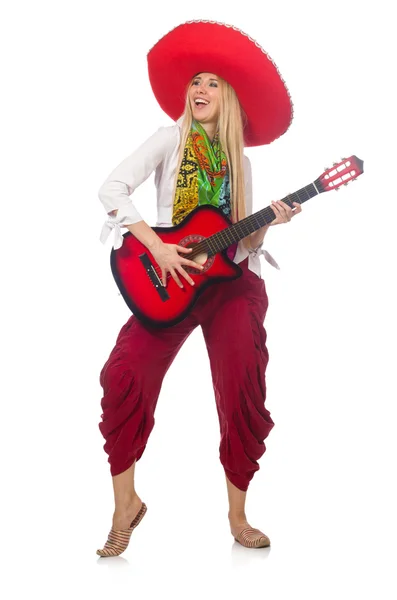 Woman wearing guitar with sombrero — Stock Photo, Image