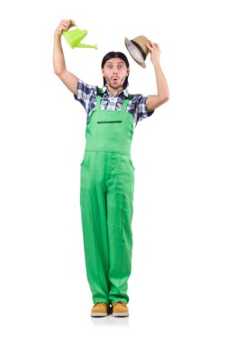 Genç, neşeli bahçıvan, sulu teneke kutusunu beyaza sarmış.