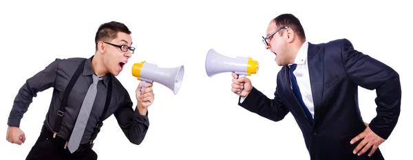 Paar schreeuwen bij elkaar via luidspreker — Stockfoto