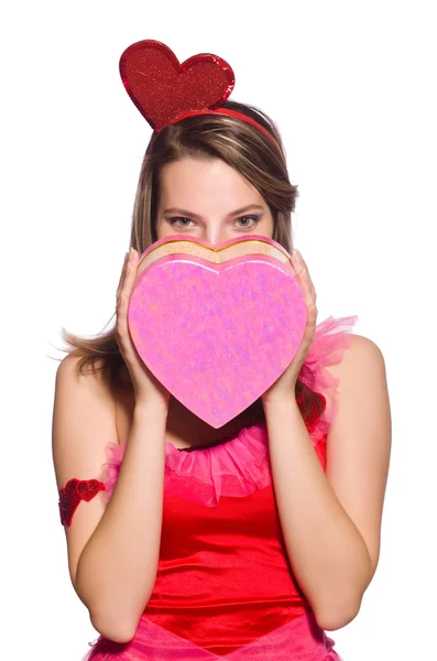 Mädchen in hübschem rosa Kleid mit Geschenkbox isoliert auf weiß — Stockfoto