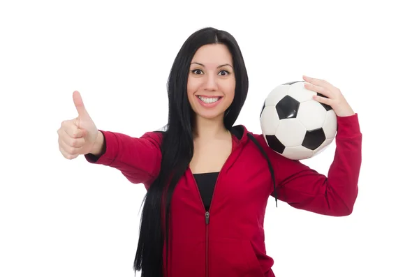 Frau mit Fußball isoliert auf weiß — Stockfoto