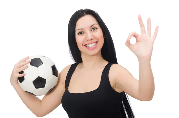 Vrouw met voetbal geïsoleerd op wit — Stockfoto