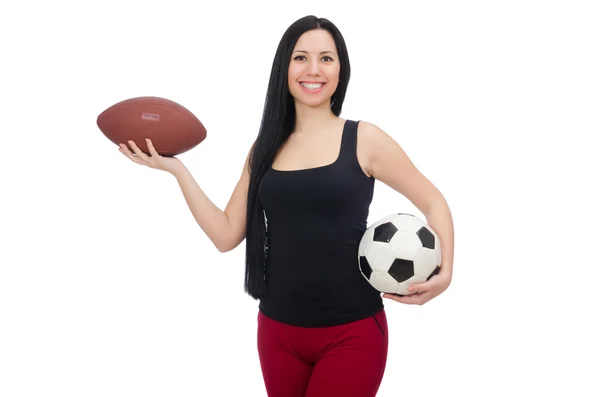 Woman with football isolated on white — Stock Photo, Image