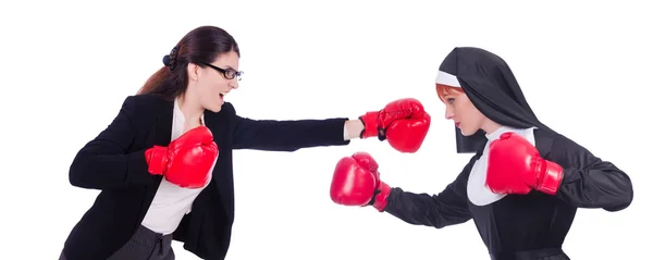 Businessman and nun boxing isolated on white — Stock Photo, Image